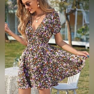 SHEIN | Puff Sleeve Zip Back Ditsy Floral Dress